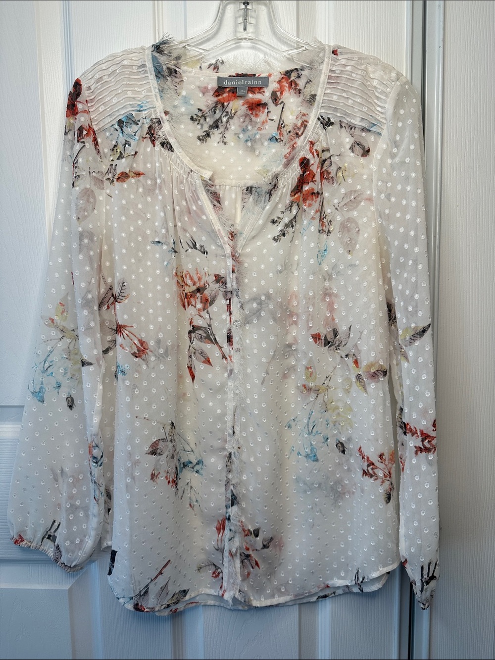 Daniel Rainn Ivory Sheer Swiss Dot Blouse with Multicolor Floral Print